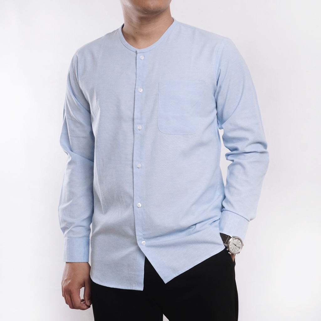 Kemeja Koko Tanpa Kerah Lengan Panjang Polos