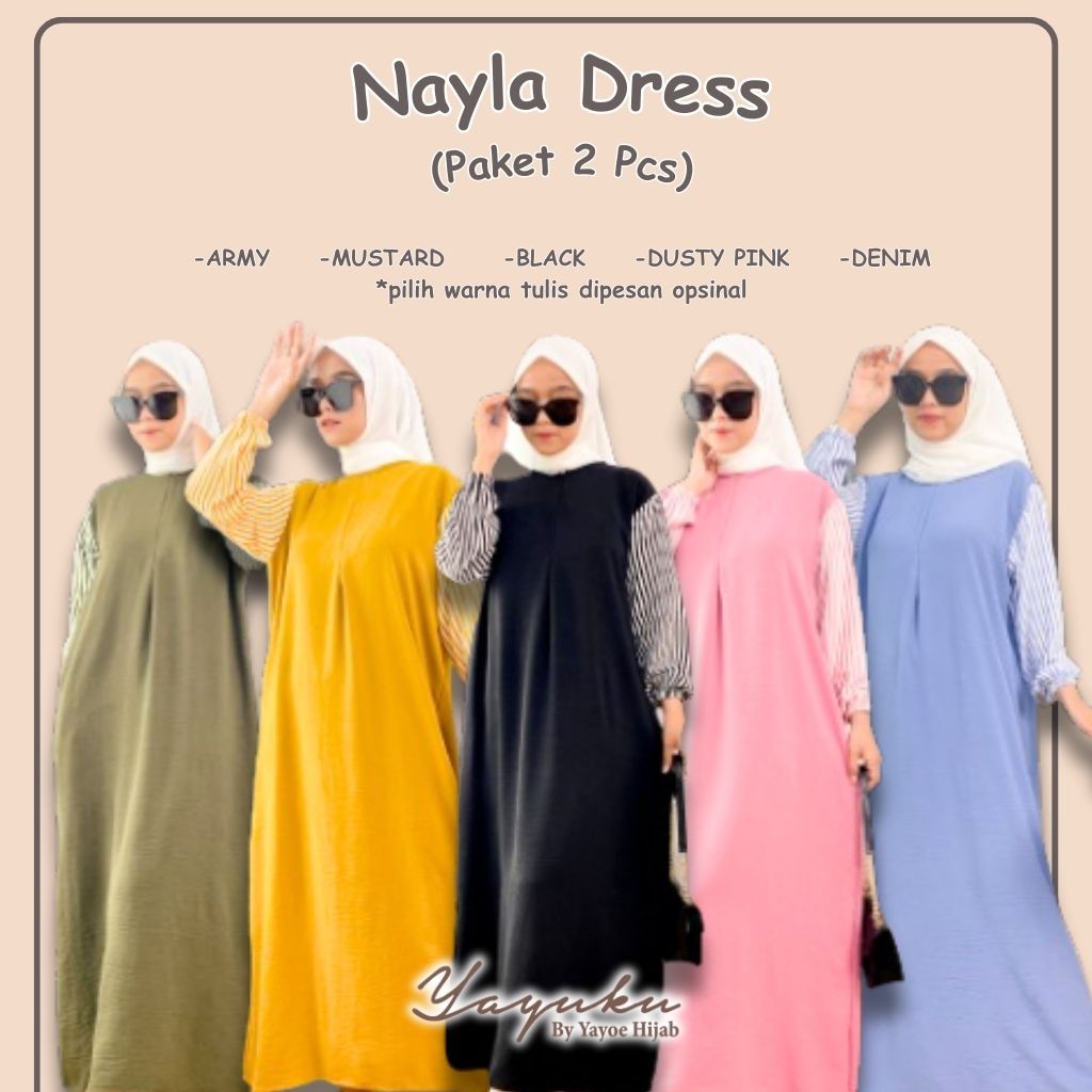 Paket 2 Pcs Nayla Dress Kombinasi Salur & Polos Gamis Kekinian Simple Fashion Muslimah