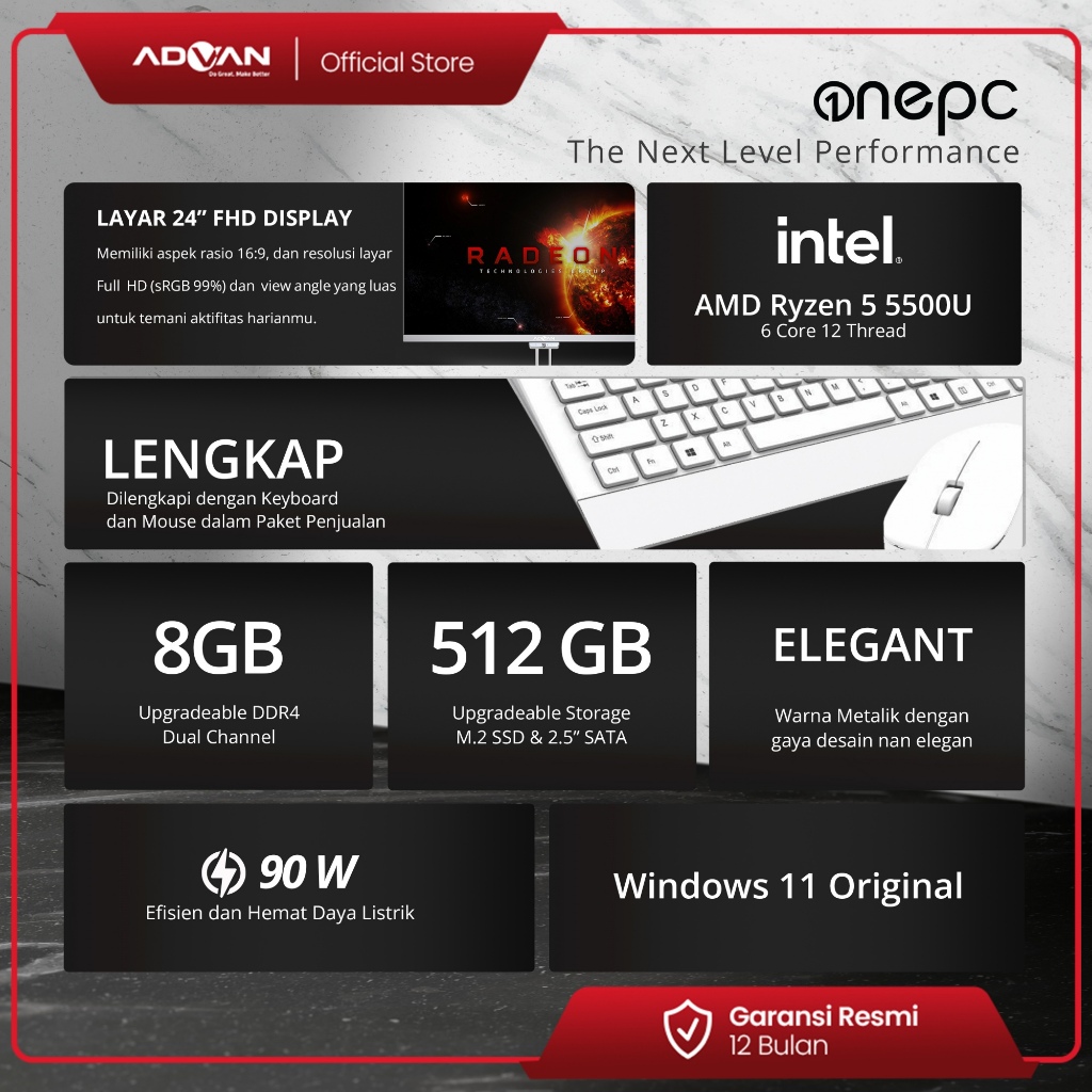 Advan komputer All In One PC AIO OnePC AMD RYZEN 5 5500U 8+512GB Windows 11 24 Inch Full HD 99% SRGB-2