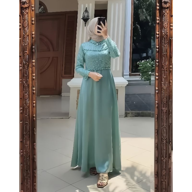 ( BEST SELLER) Gamis Hellen Dress Pesta Muslimah Belle Maxy Dress Kondangan Brokat / Sonia Dress Til