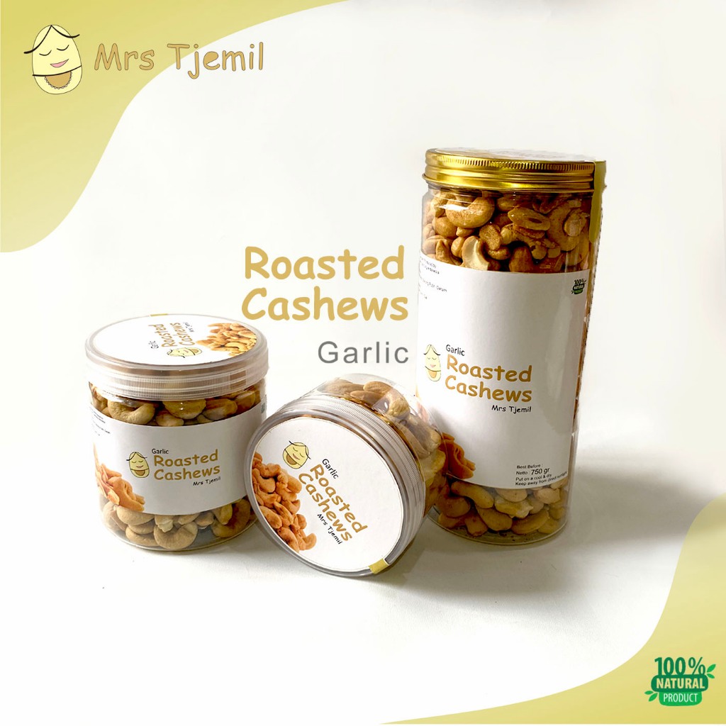 

L - GARLIC ROASTED CASHEWS - Mrs Tjemil - Kacang Mete Organik Premium Mente Asin Garam Panggang Renyah Mede Cashew Nut Matang ukuran toples Large Besar Sangrai Tidak Digoreng Cemilan Sehat Bergizi Natural Product Healthy Produk