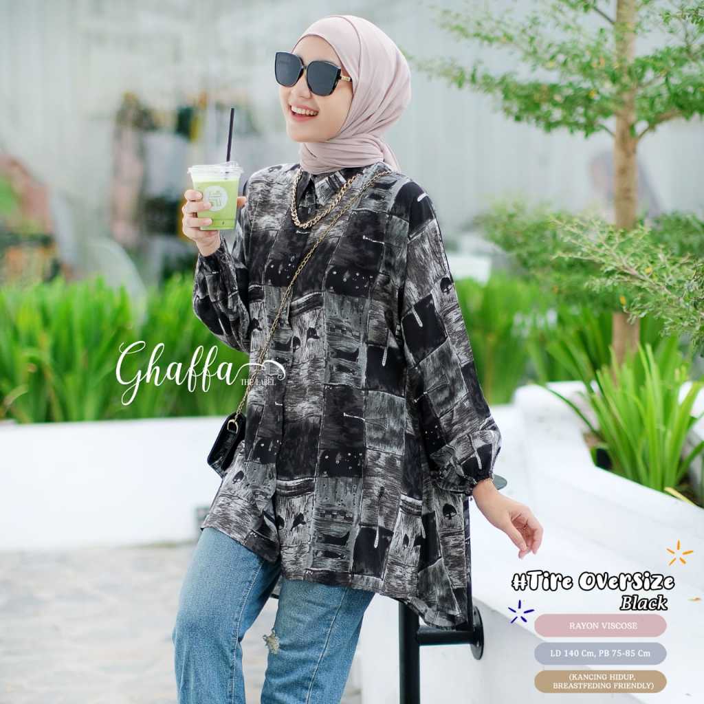 PROMO Blouse Oversize Tire by Moela Motif Mix Fulkancing Busui LD 140 Bahan Katun Rayon Viscose