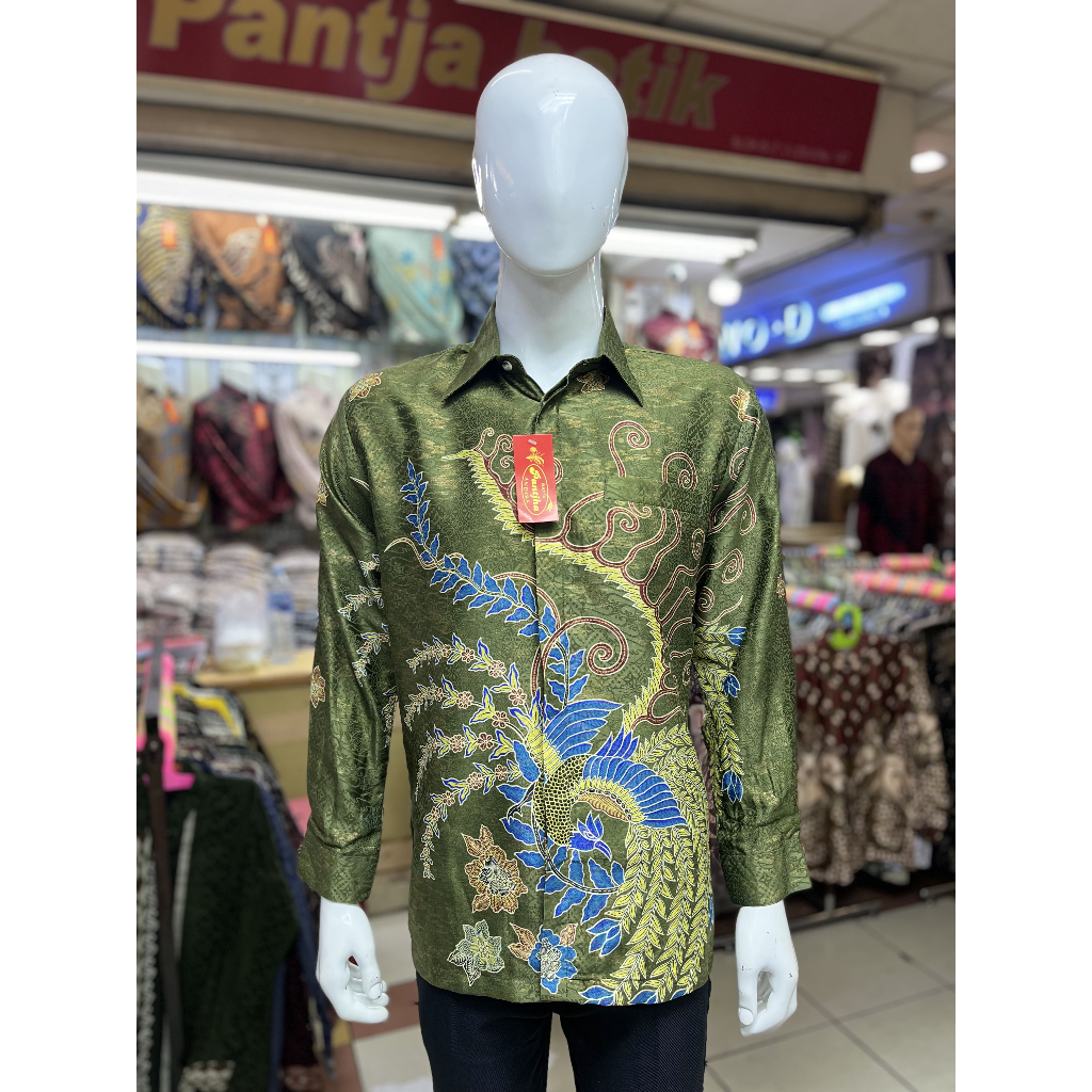 Pantja Batik Kemeja Pria Motif Burung Cendrawasih #8581 Bahan Kain Sutra Jacquard Foggy Premium Leng