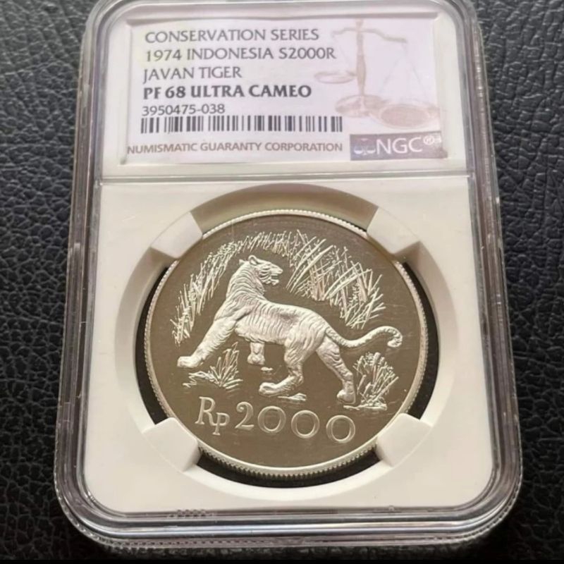 NGC PF 68 ULTRA CAMEO 1974 2000 Rupiah Javan Tiger Koin Silver Perak