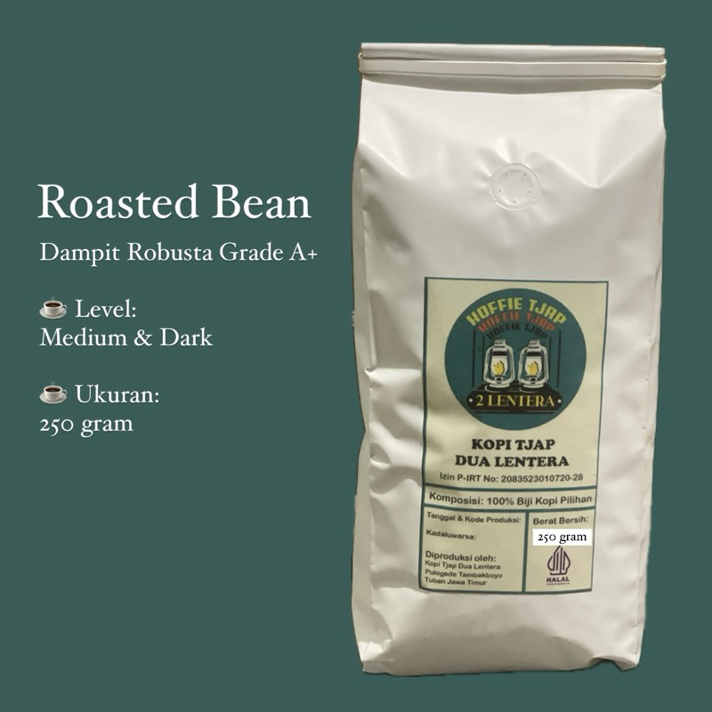 

Kopi Robusta Roasted Bean Dampit 250gr Tjap Dua Lentera Grade A+ super premium