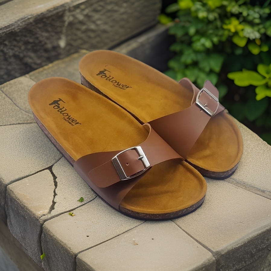 SANDAL SLIP TEPLEK FLAT SHOES KULIT COKLAT  CEWEK WANITA PEREMPUAN UKURAN BESAR JUMBO BIG 43 44