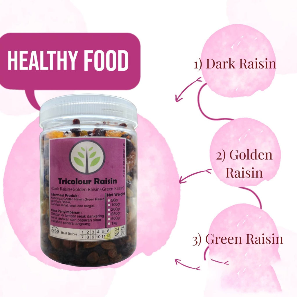 

Tricolour Raisins Unsweetened 500gr/(1/2kg) / Kismis Emas, hijau dan Hitam / Kismis 3 warna/camilan food Snacks Toples