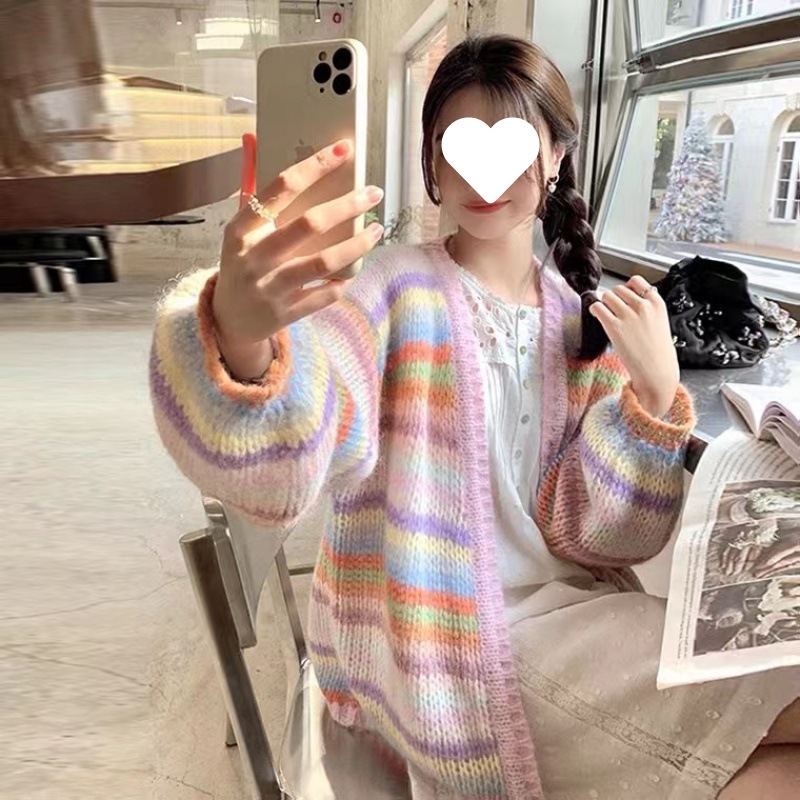 COLORED RAINBOW CARDI KOREAN CARDIGAN SWEATHER KOREA SWEATER WANITA BAHAN RAJUT PREMIUM