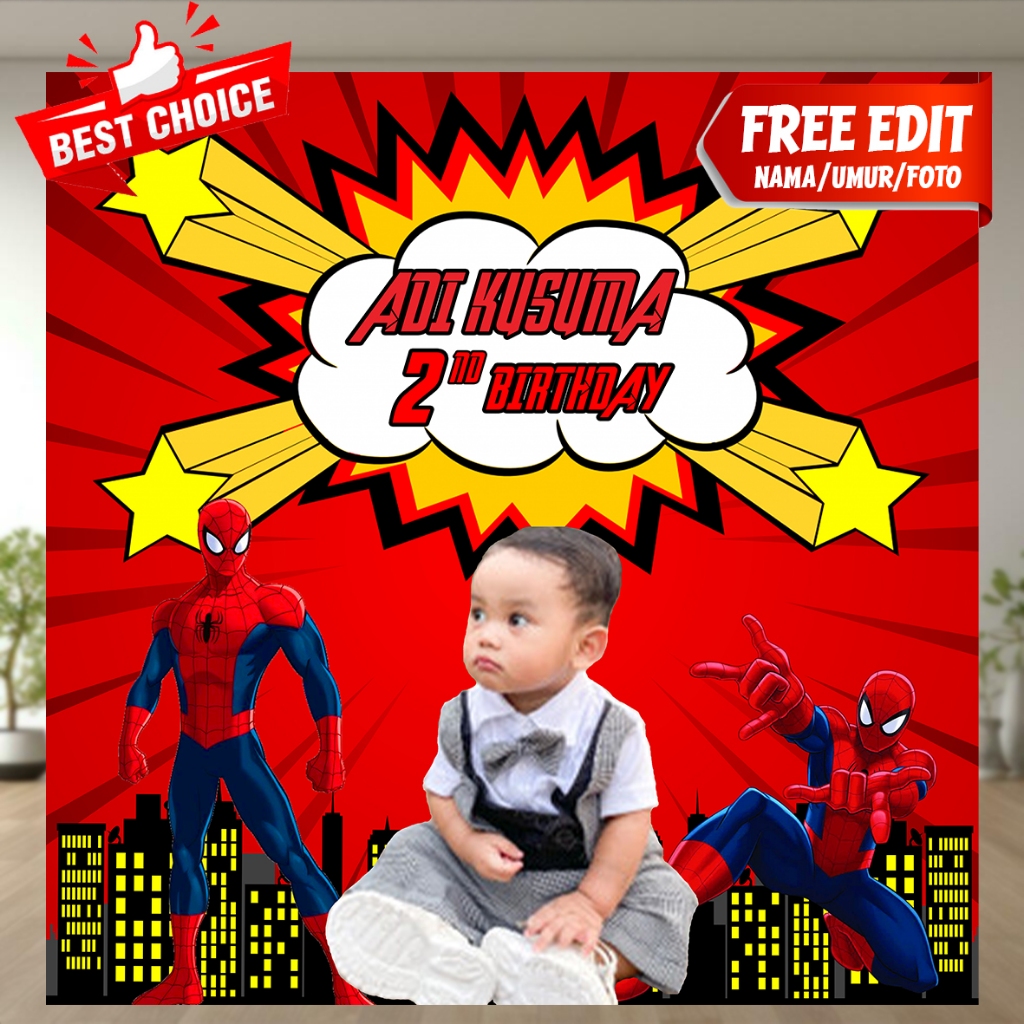 Spanduk Ultah Anak Cowo Tema Spiderman Superhero  / Banner Flexi Ulang Tahun / Background Birthday P