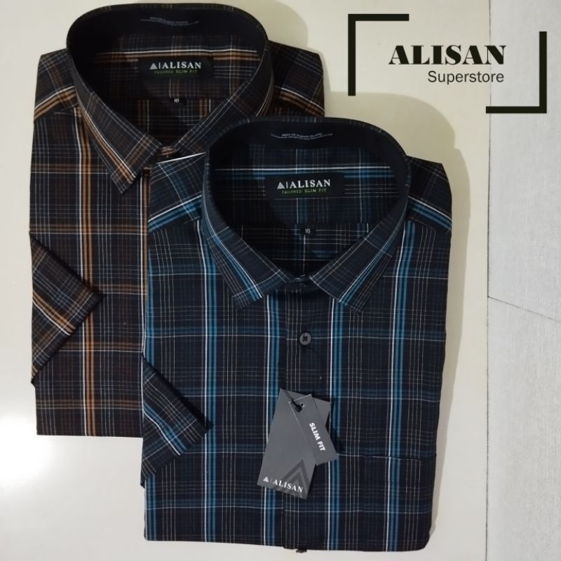 Alisan Kemeja Pria Motif Kotak Garis Tebal Coklat/Hijau Lengan Pendek Slimfit
