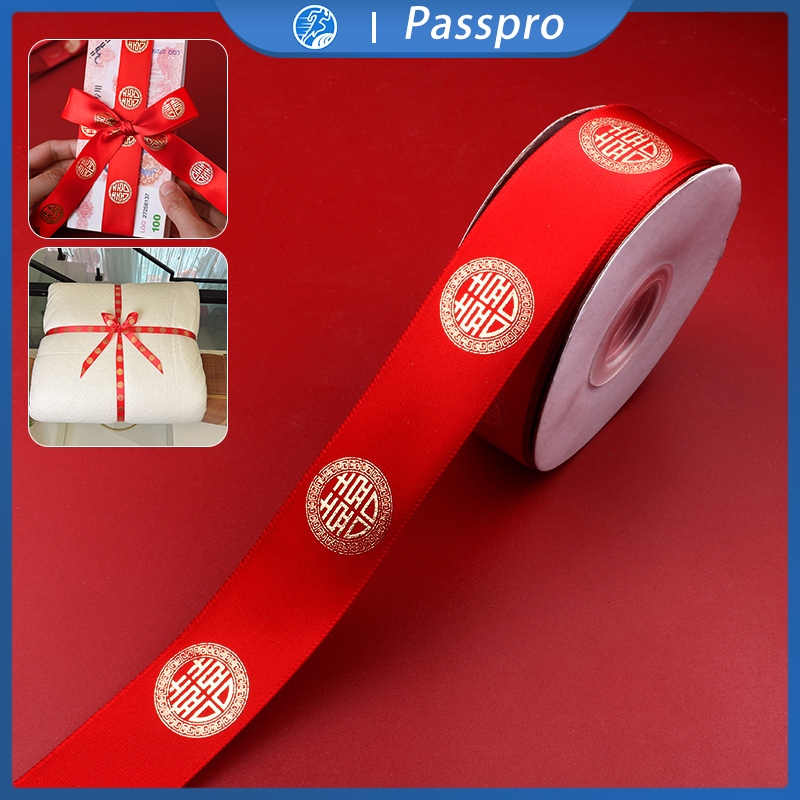 

Per Roll 22 Meter Tali Pita Logo Shuang Xi Emas Gold Pita Satin Merah Wedding Sangjit