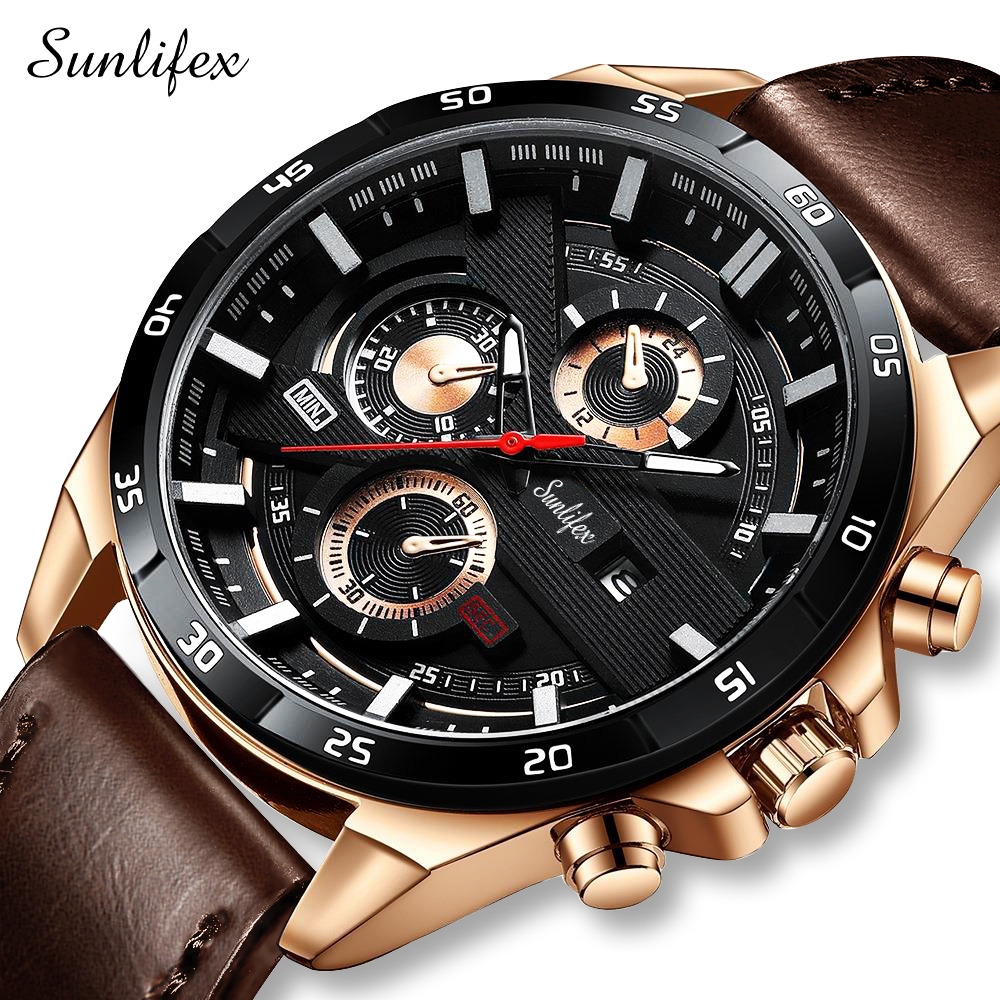 Sunlifex Jam Tangan Pria 9091 Kuarsa Tali Kulit Olahraga Mode Kalender Jam Tangan Cowok-1