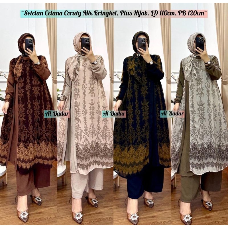 BISA COD TERBARU BAHAN CRINCLE MIX DENGAN CERUTY BABY DOLL  SETELAH CELANA SET HIJAB
