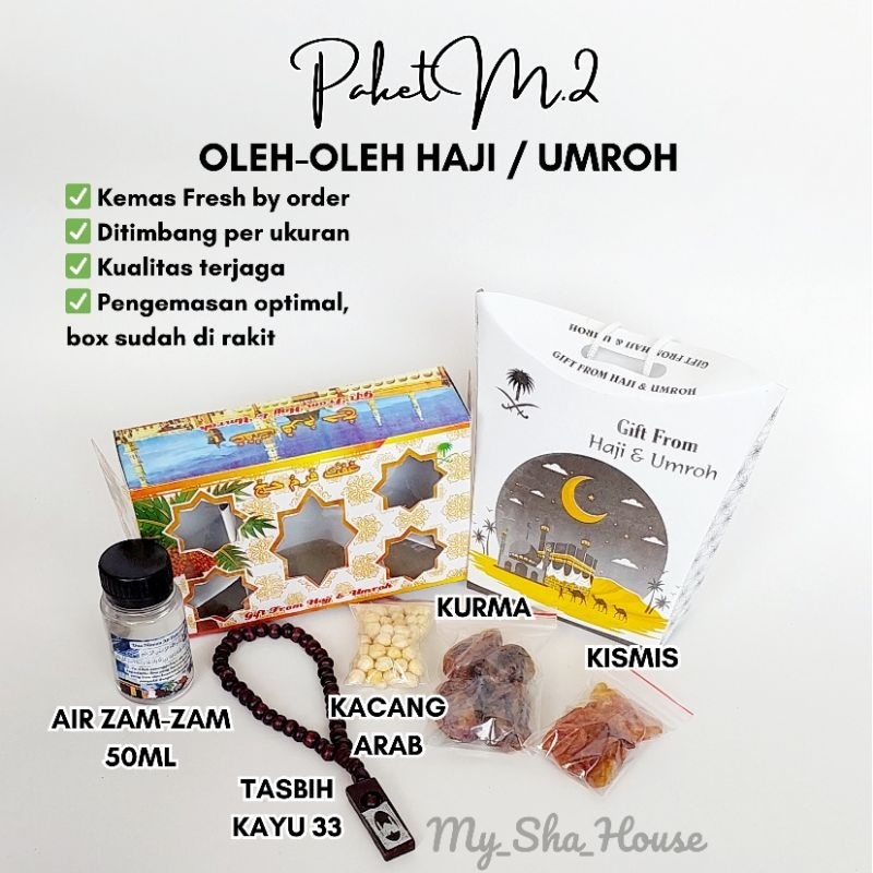 

Paket M.2 oleh oleh haji umroh kurma kismis kacang tasbih botol zam-zam