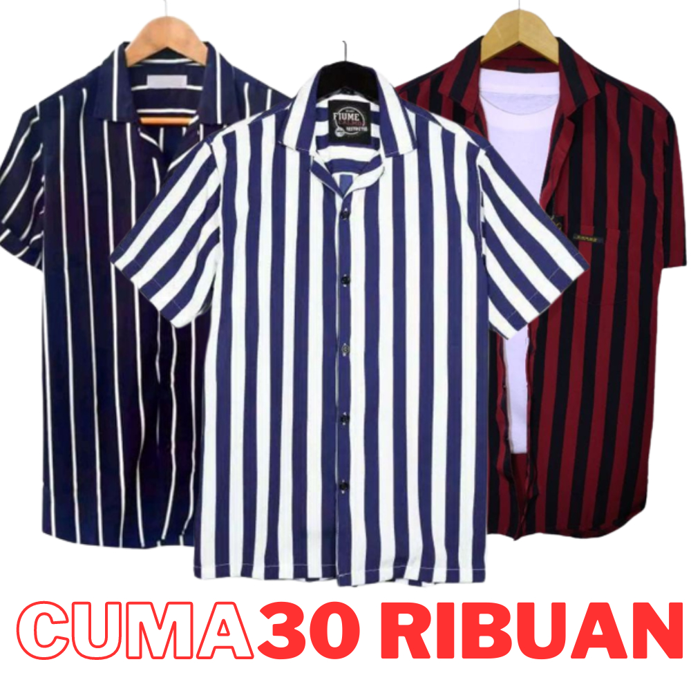Kemeja Salur Stripe Pria Dewasa Lengan Pendek Kerah V Neck Size M L XL Terbaru