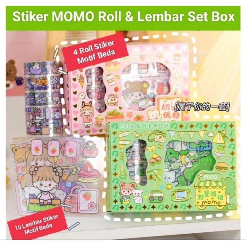 

Sticker Momo Set Roll Washitape Isi 4 Roll + 10Lembar Stiker