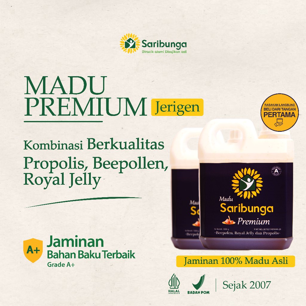 

MADU PREMIUM SARIBUNGA Grade A+Madu Murni Asli 100% Original - Madu Super Probiotik Premium Grade A+