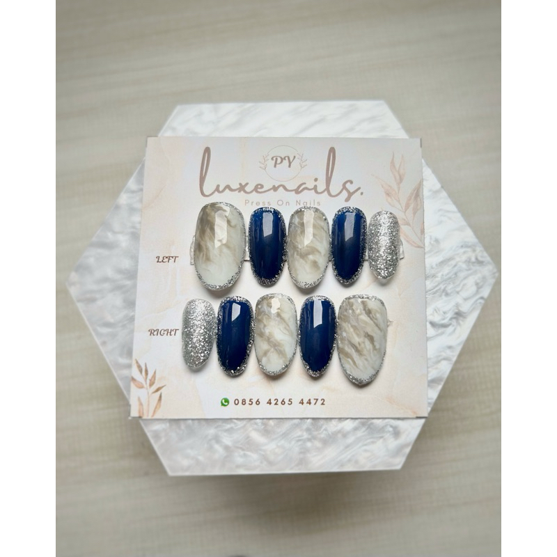 Kuku Palsu / Press On Nails / Wedding Nail art / Fake nails warna Navy