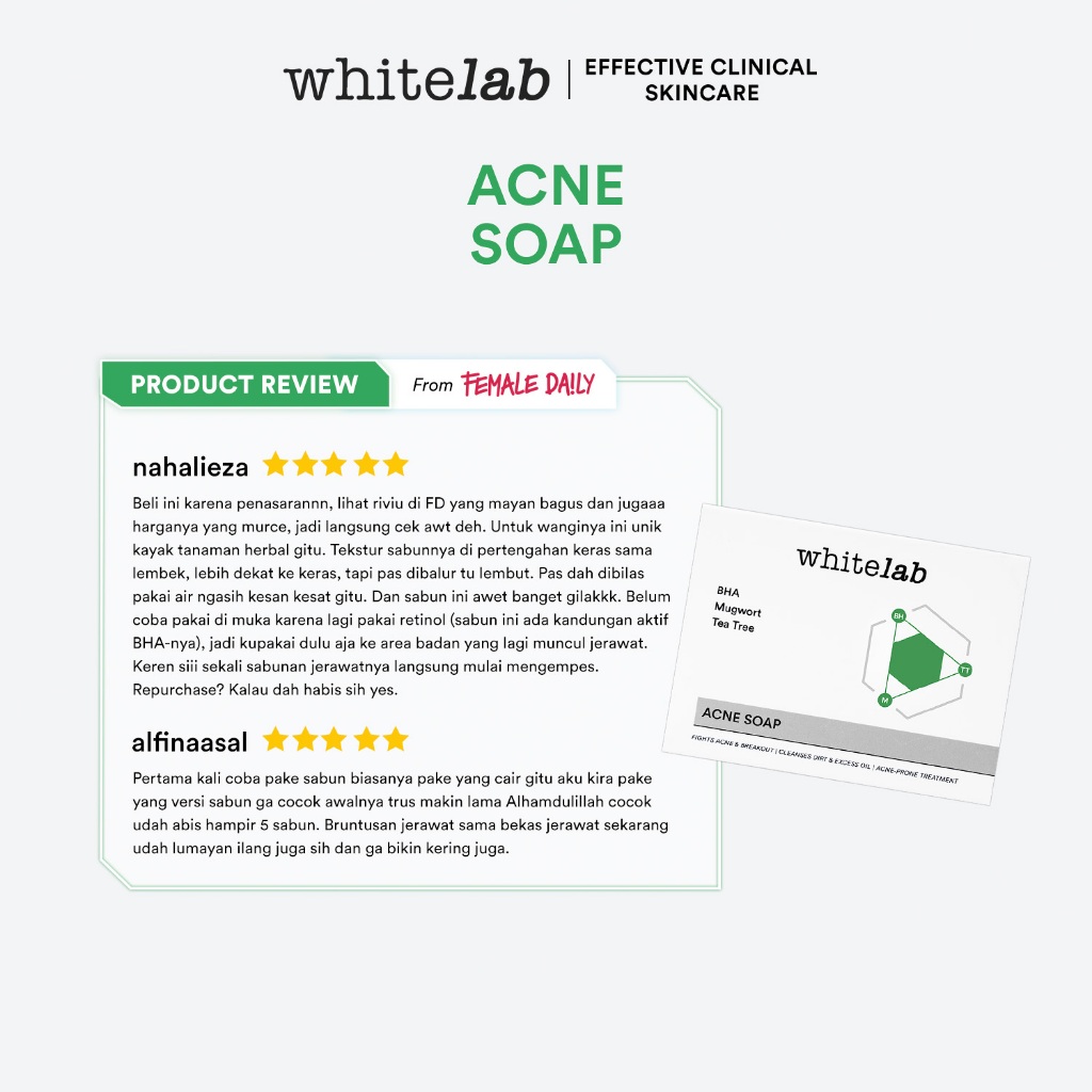 Whitelab Acne Soap - Sabun Wajah Dan Badan Untuk Kulit Berjerawat Dengan Mugwort, Bha & Tea Tree [BPOM] Image 4
