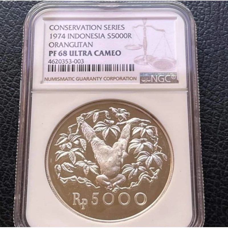 NGC PF 68 ULTRA CAMEO 1974 5000 rupiah Orang Utan koin silver perak