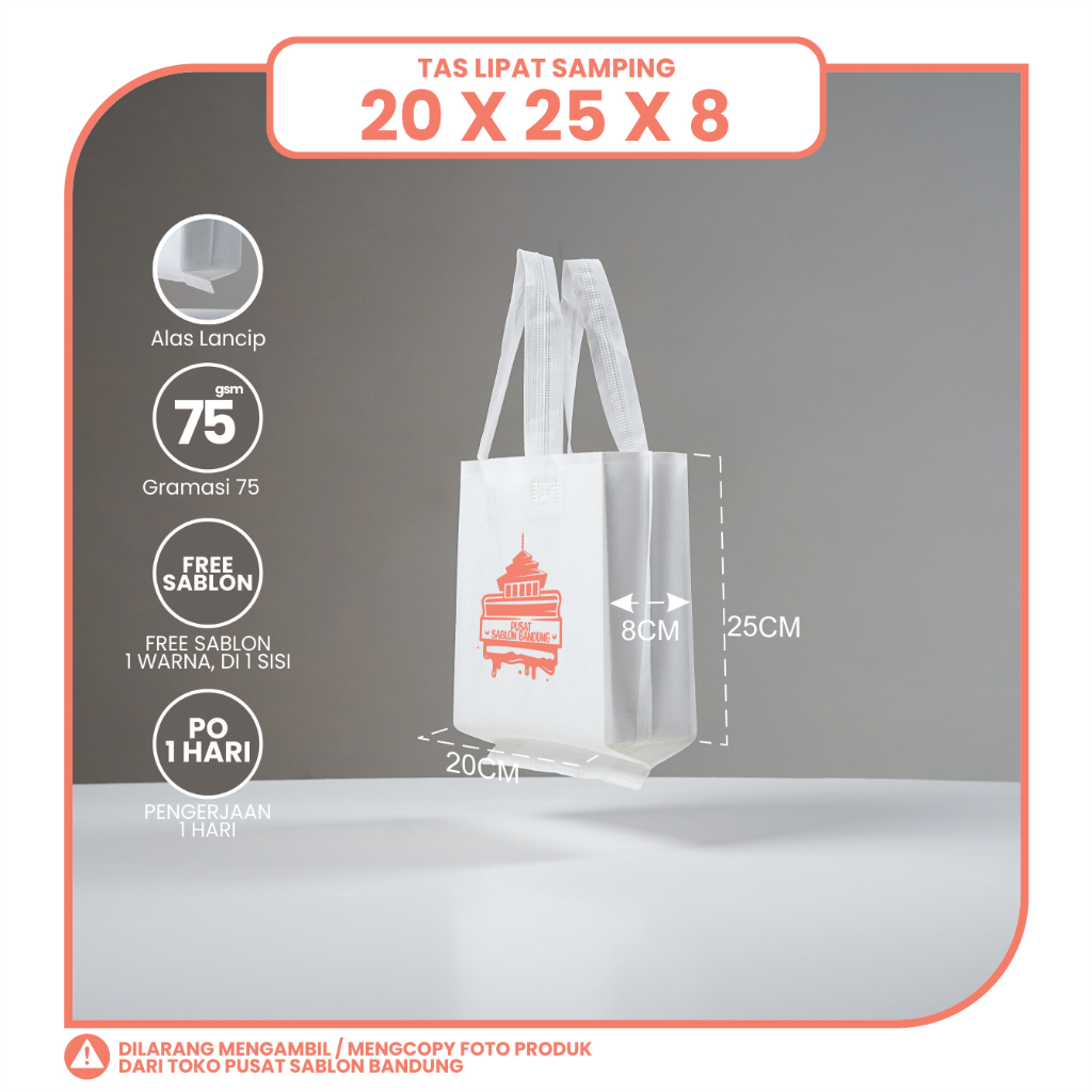 

TAS SPUNBOND LIPAT SAMPING 20X25 (SABLON COSTOM) UNTUK TAS SOUVENIR, SYUKURAN, MENGENANG, PROMOSI, BANSOS, CLOTHING, LEMBAGA DLL