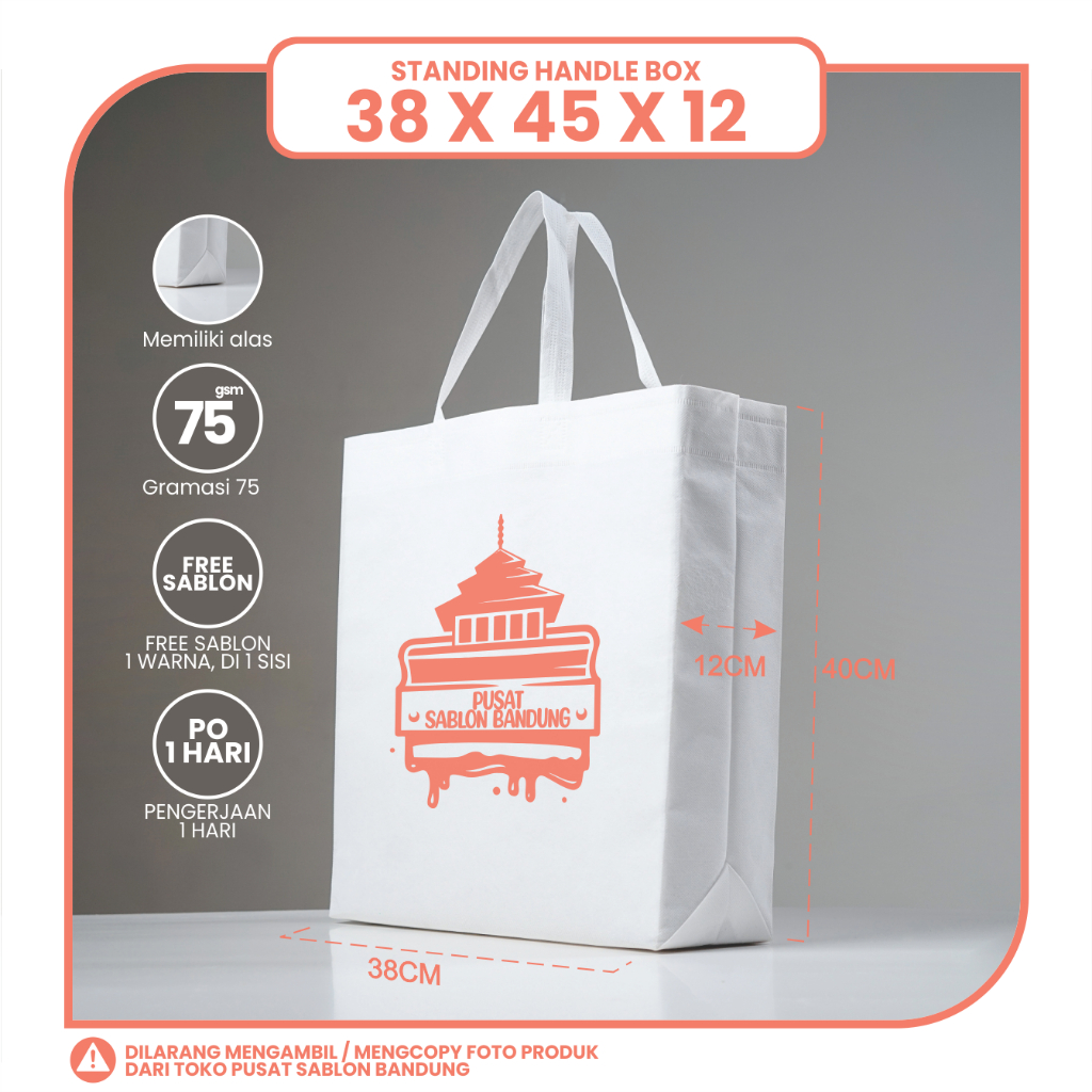 

TAS SPUNBOND LIPAT BOX 38X45 (SABLON COSTOM) UNTUK TAS SOUVENIR, SYUKURAN, MENGENANG, PROMOSI, BANSOS, CLOTHING, LEMBAGA DLL