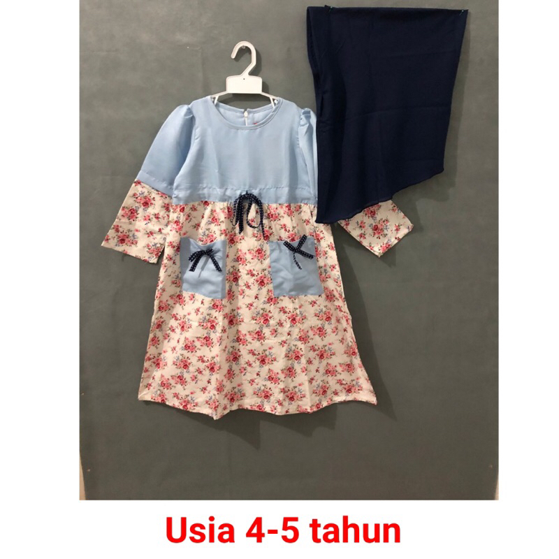 baju muslim anak perempuan dress gamis kerudung biru navy usia 4-5 tahun