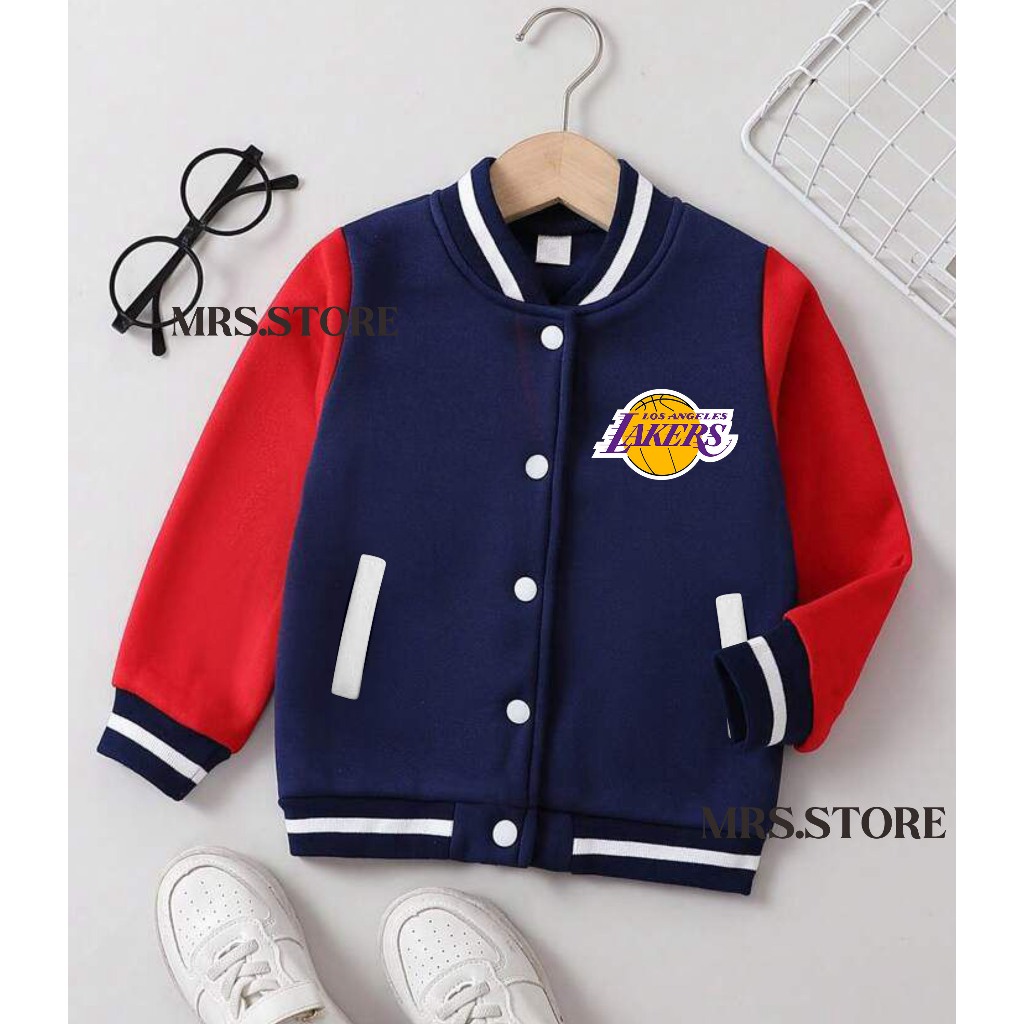 Jacket Baseball varsity Anak Lakers Laki Laki Perempuan Umur 2 3 4 5 6 7 8 9 10 11 12 Tahun Full Sab