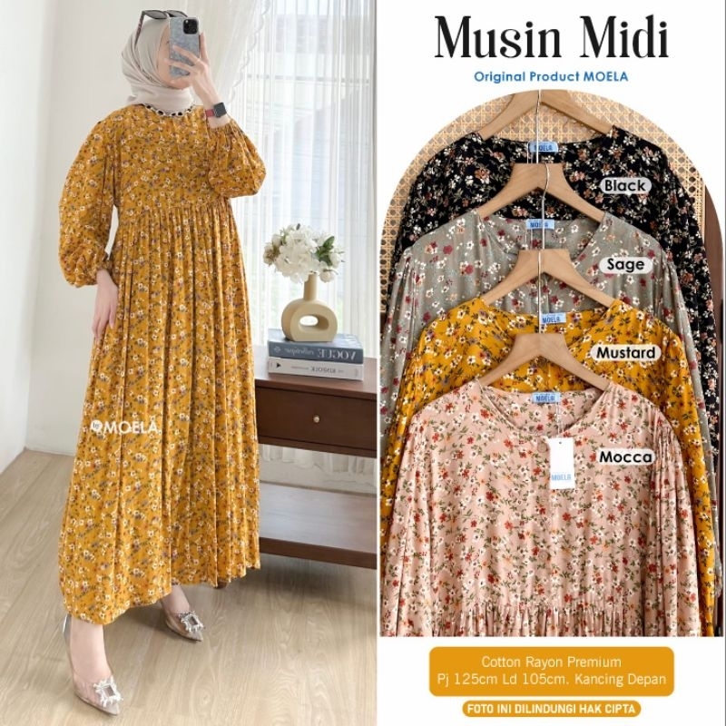 MIDI DRESS MOTIF BUNGA RAYON TWILL PREMIUM/MUSIN/RASCA/ELLIA