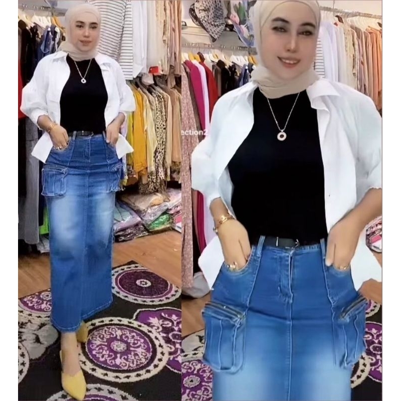 Rok Cargo Jeans Kantong 3D Side Pocket Slim fitting Xaveena  Import Premium