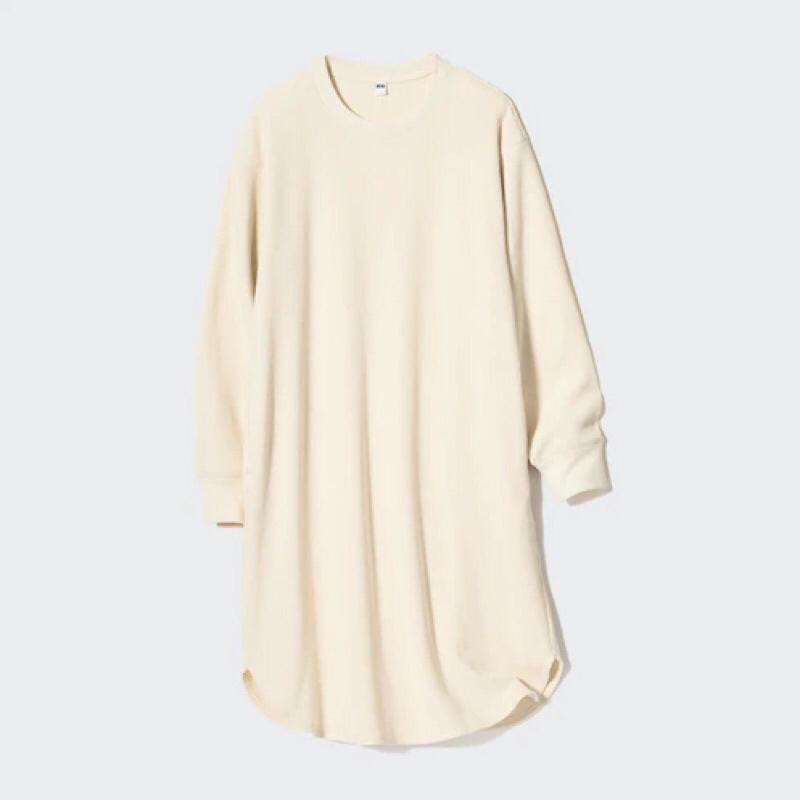 UNIQLO Women Dress Gaun Waffle Wanita Crew Neck Lengan Panjang