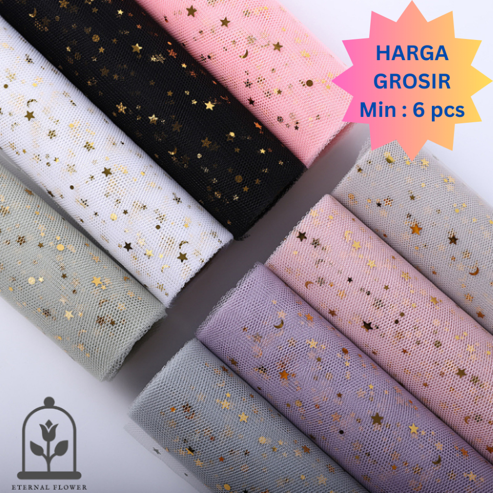 

(1ROLL 48 cm x 450 cm) Kertas Buket Motif JARING Glitter / Bintang Star Bulan Moon