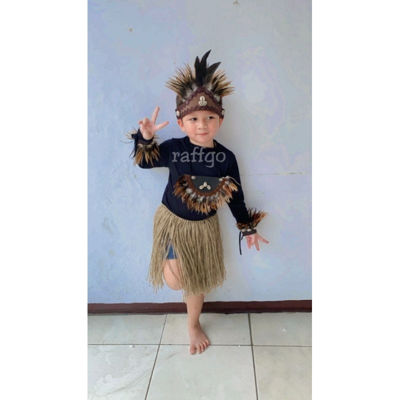 baju adat papua set topi kuwuk anak / baju adat papua anak modern /  baju adat papua