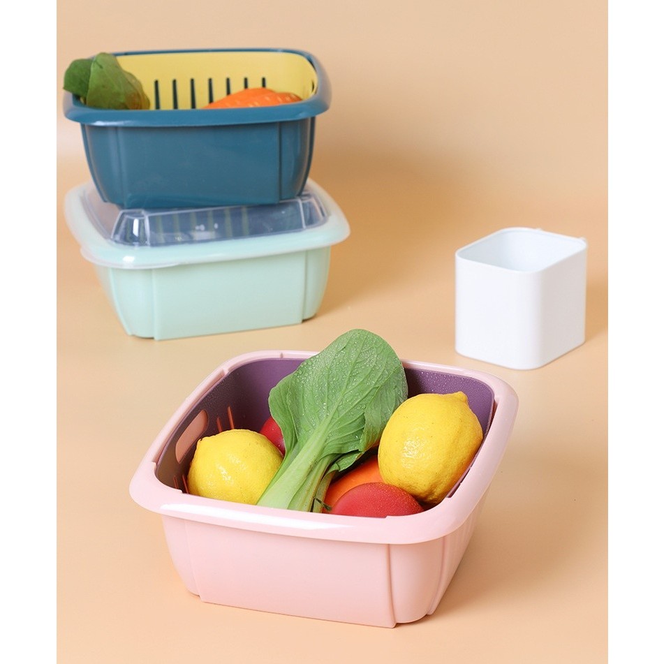 Keranjang Tiris Baskom Saring Cuci Sayur Buah + Tutup