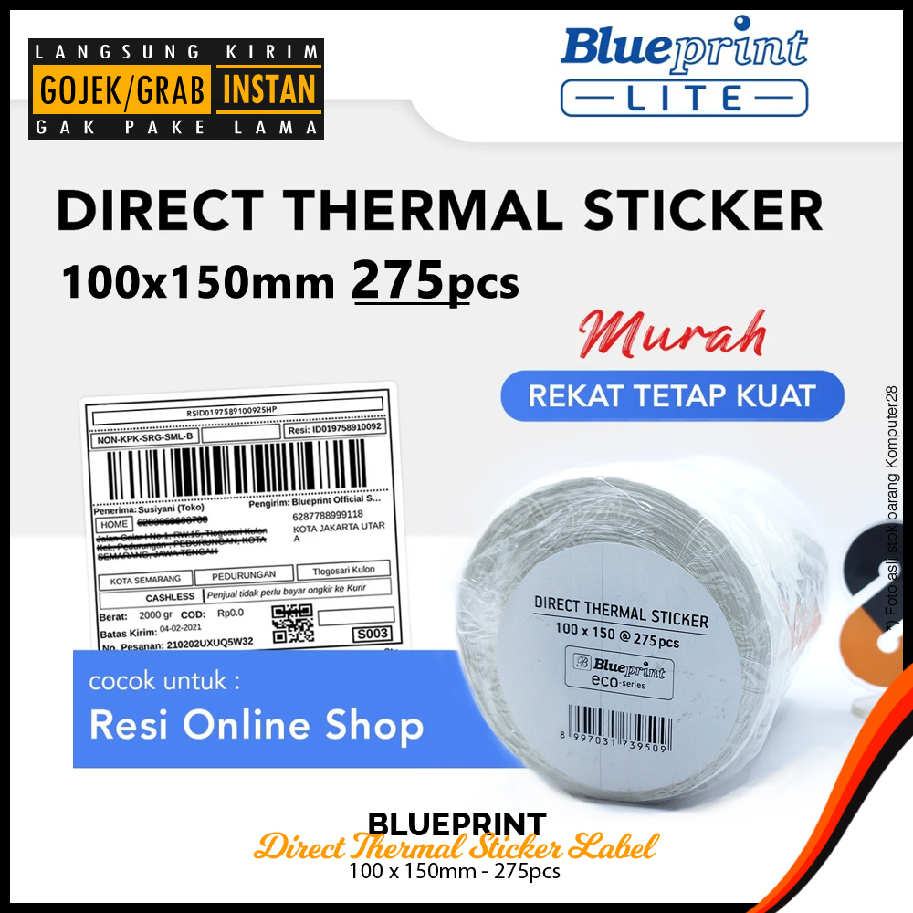 

Blueprint Direct Thermal Sticker Label Resi 100x150mm 275pcs - Stiker Barcode Alamat