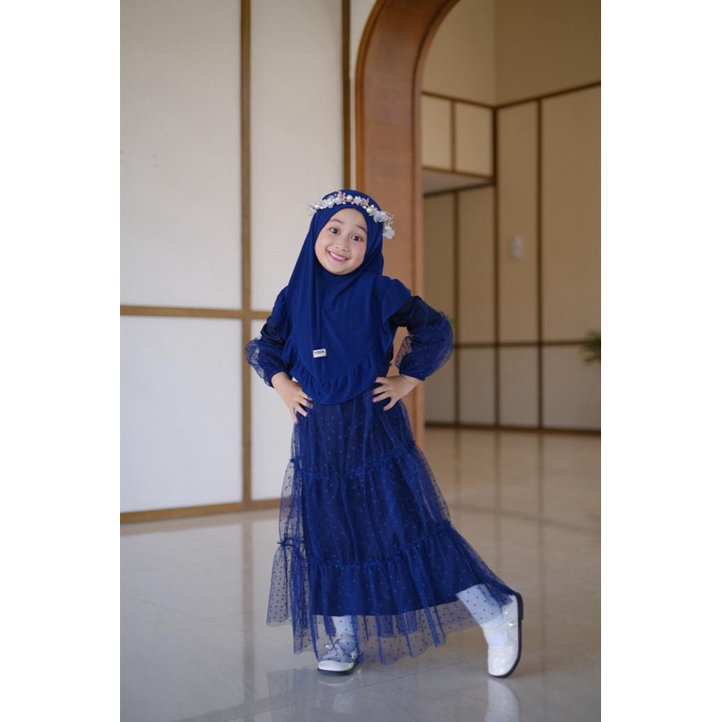 Gamis Elsa Set Kerudung Warna Navy Gamis Anak Kerudung Bahan Rayon Tile Dot Neeca Size 2 4 6 8 10 Tahun
