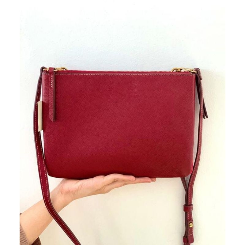 Fossil Devon Crossbody Double Zipper Two Tone Red Maroon