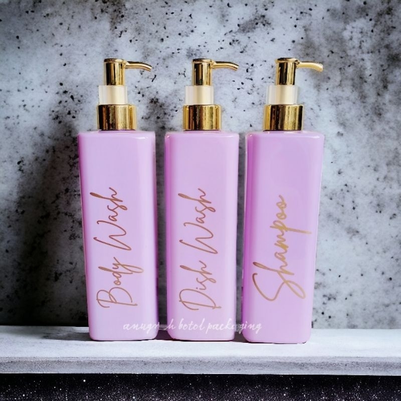 BOTOL TEMPAT SABUN CAIR AESTHTIC  PUMP 500ML UNGU KOTAK GLOSSY  PUMP GOLD MEWAH FREE STICCKER