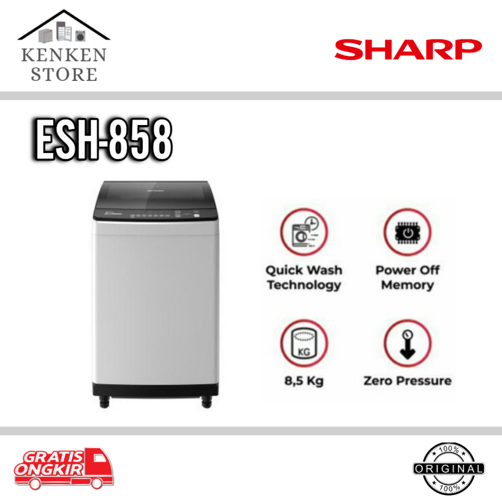 MESIN CUCI SHARP 1 TABUNG  ESH 858 T GY 1 TABUNG TOP LOADING LOW WATT 8.5KG kaca