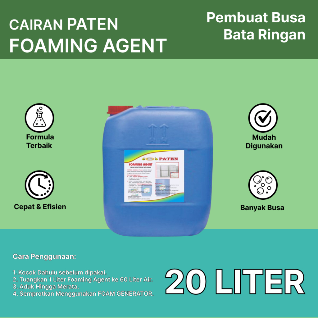 Cairan Foaming Agent | Pembuat Busa Bata Ringan | Kemasan 20 Liter | Cairan PATEN Foaming Agent