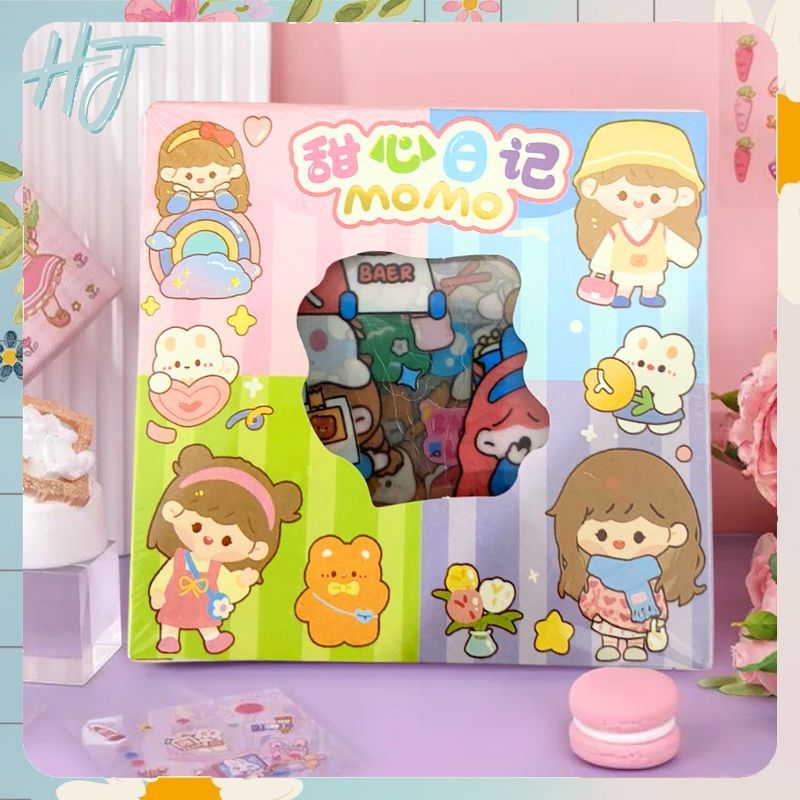 

COD (HJ) Stiker 2D 100 Lembar Sticker Momo Mini Box Kartun Korea Lucu Anti Air Viral