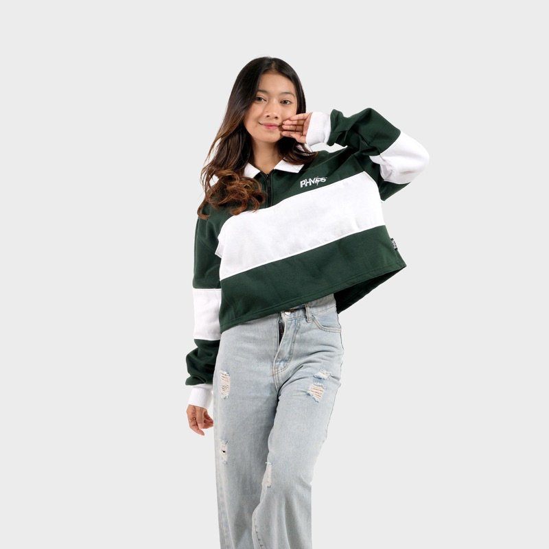 PHOMPPHIESS PHMPS Sweater Rugby Vintage Crop Hijau Botol Strip Putih
