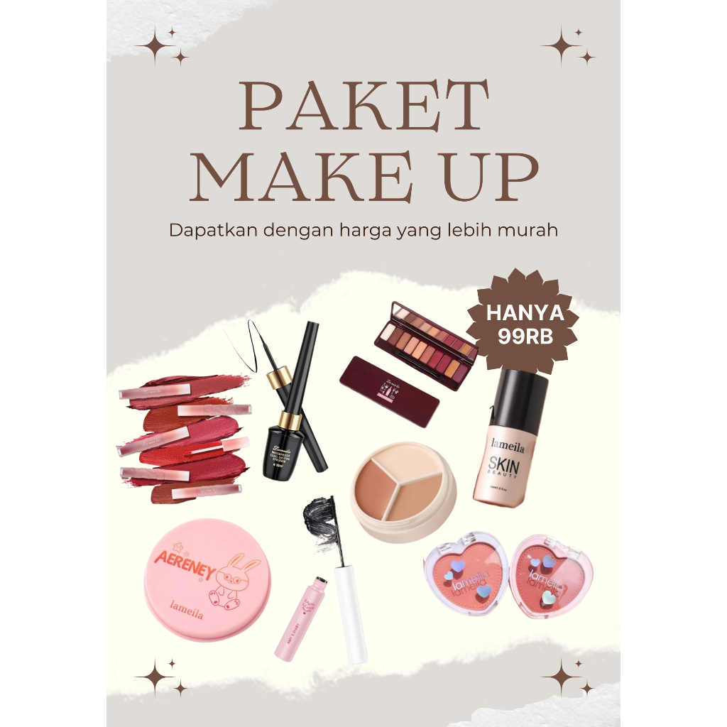 PROMO PAKET LENGKAP 8 MAKE UP LAMEILA (FOUNDATION-BEDAK PADAT-EYESHADOW-MASKARA-EYELINER-BLUSH ON-LI