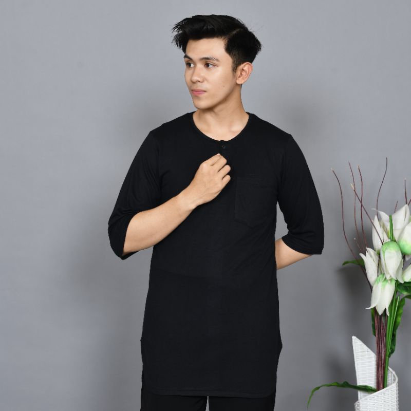 Baju Koko Pria | Kaos Kurta Polos | Koko Pria Dewasa Ukuran Lengan 3/4 | Hitam
