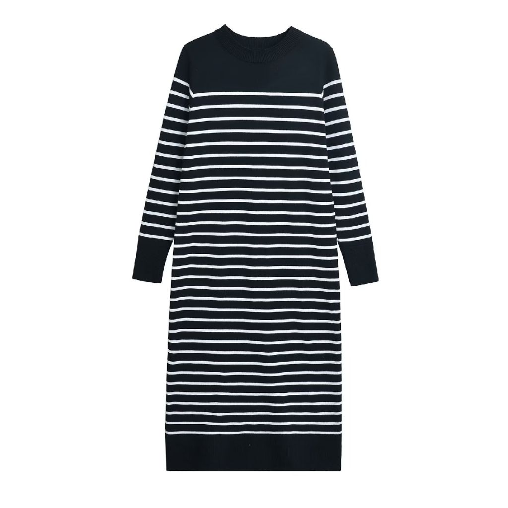 Midi Dress Wanita Lengan Panjang Motif Black Stripe Korean Knit Dress