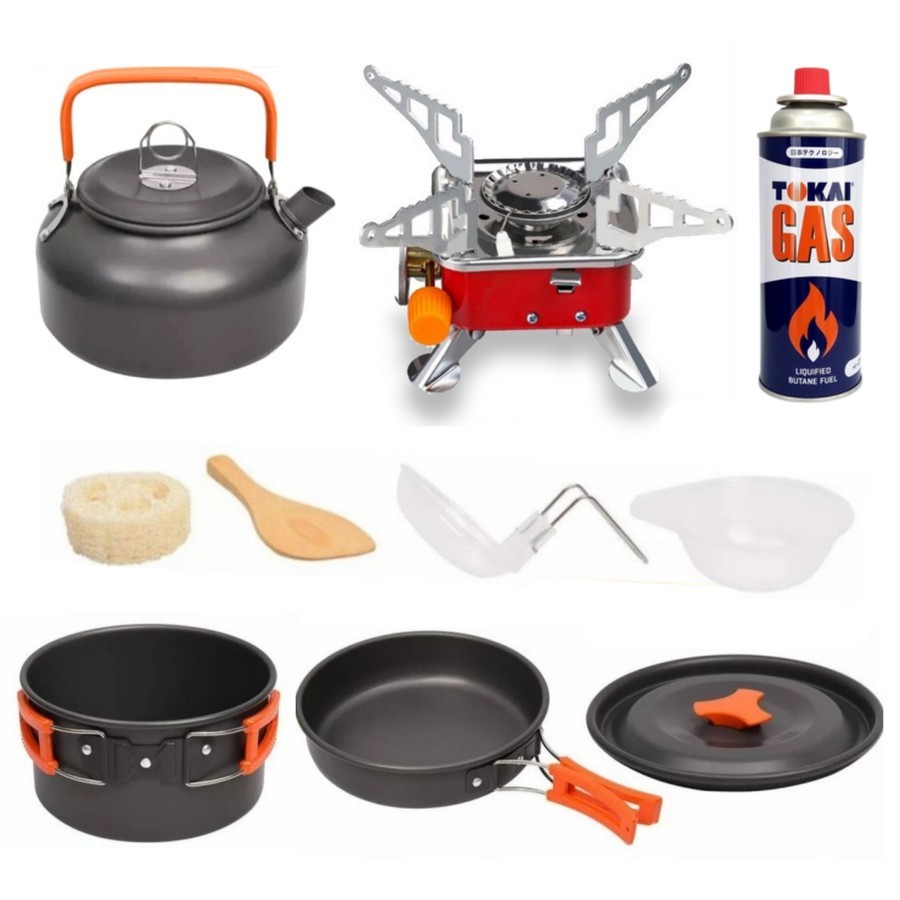 Panci Set Camping Outdoor Multifungsi Paket Kompor Portable Mini Gsf 3309 + Panci Set Q2 8303