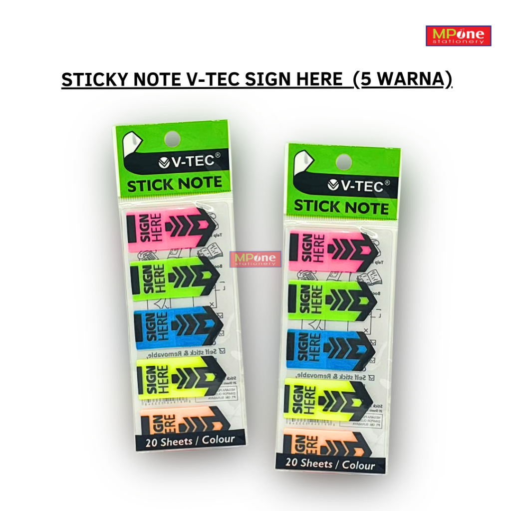 

Sticky Note Sign Here V-Tec 5 Warna 20s - V-Tec Stick Note Memo Pembatas/Penanda Catatan