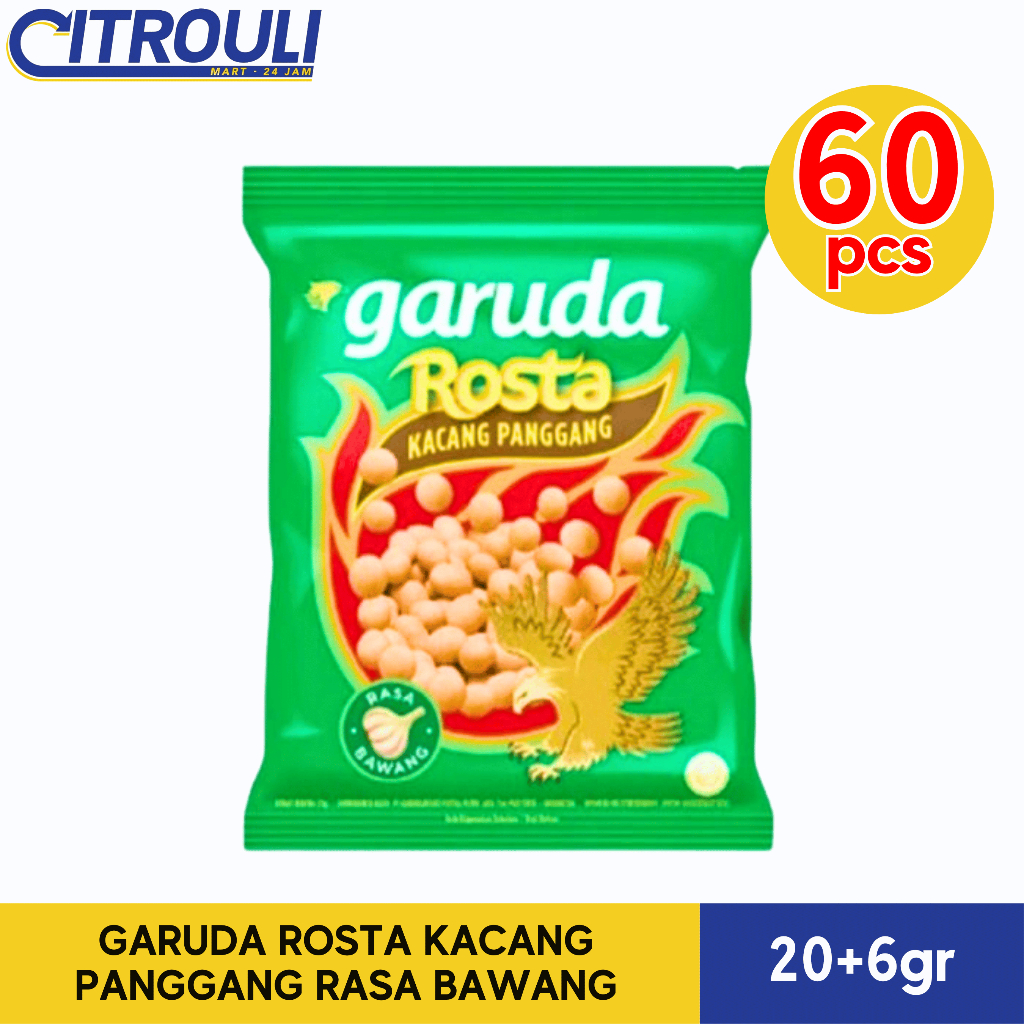 

GARUDA ROSTA KACANG PANGGANG RASA BAWANG 20+6gr (ISI 60pcs / 6 RENTENG / 1 DUS)