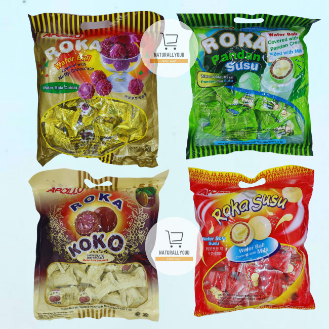 

Apollo Roka Wafer Ball 50s (300gr/250gr) Original/Susu/Pandan/Koko Snek Jadul Biskuit Bola Coklat