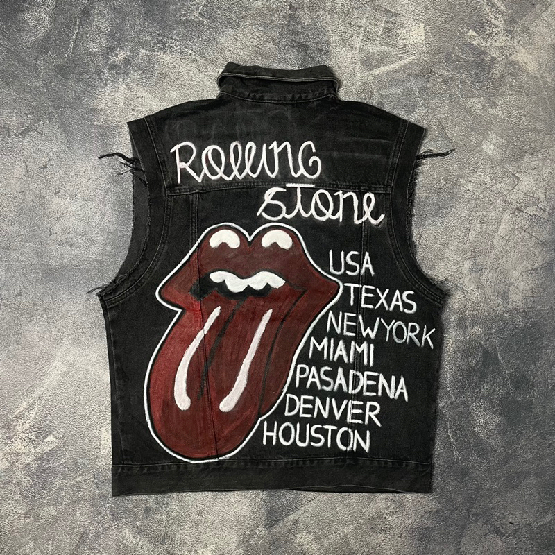 Vest Denim Jacket H&M Custom Painting Rolling Stones